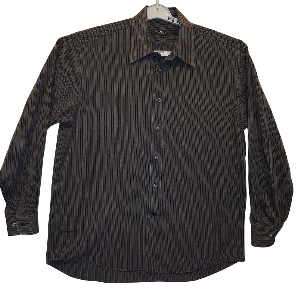 Canali Sportswear Mens XL Brown Blue Striped Button Down Shirt Cotton Italy